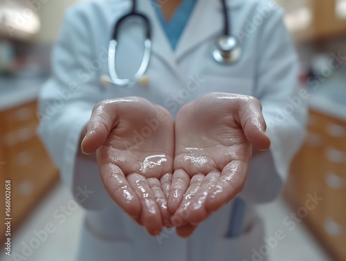 Doctor sanitizing hands before appointment in clean bright clinic