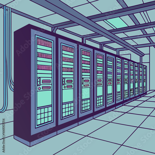 Vector art of server room with data center equipment for network and computer infrastructure