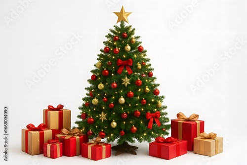 Christmas Tree with Gifts on Plain White Background
