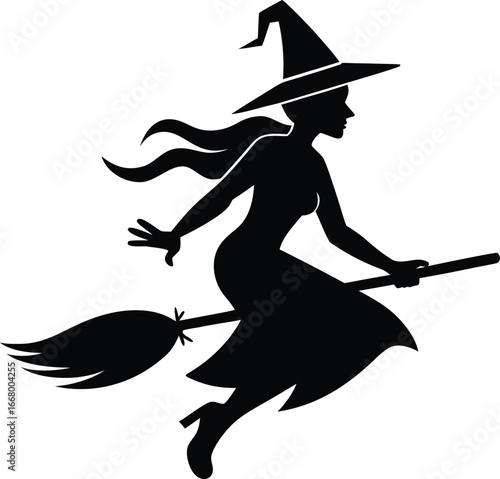 Witch Riding Broomstick With Witch Hat Blowing Back