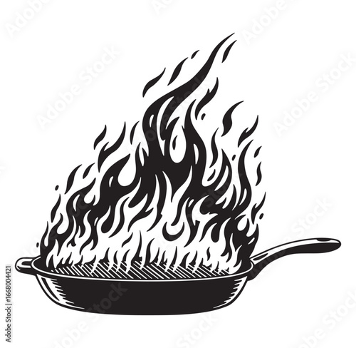 Illustration of a frying pan with flames cooking over a burning flame isolated