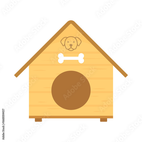 Cozy wooden doghouse with minimalist dog face and bone emblems
