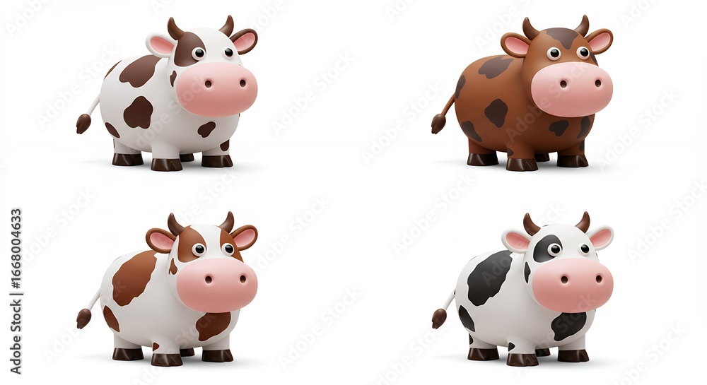 Fototapeta premium Four cute cartoon cow illustrations