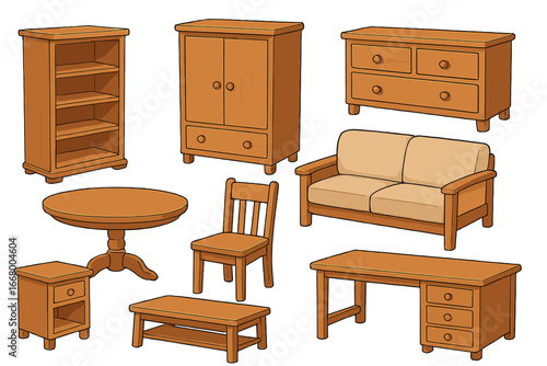 Wooden furniture collection vector cartoon illustration set. Sofa, table, chair, desk, bookshelf, wardrobe, dresser. Home interior decor elements isolated for graphic design.