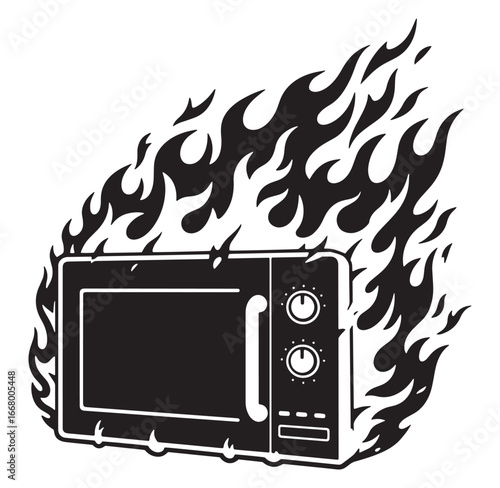Microwave on fire black and white illustration depicting kitchen appliance disaster