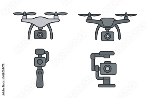 Set of vector icons with drone and camera gimbal stabilizer. Quadcopter with camera for aerial photography and videography. Flat illustration of modern technology equipment.