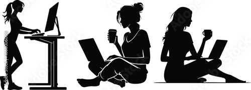 Silhouette of Women Using Computers and Laptops Vector Illustration