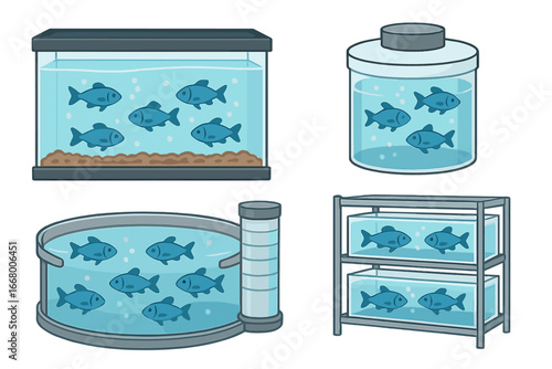 Set of fish tanks and aquaculture systems for fish farming. Vector illustration of various aquarium designs for commercial breeding. Collection of industrial holding tanks.