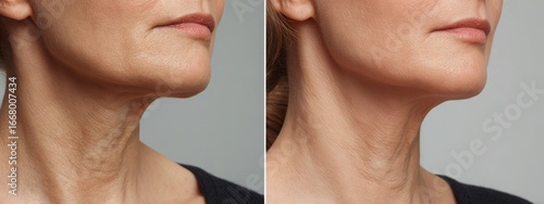 Double chin, skin rejuvenation on the neck, before after anti aging concept
