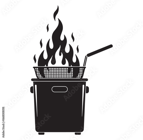 Simplified illustration of a deep fryer with flames over a frying basket vector graphic