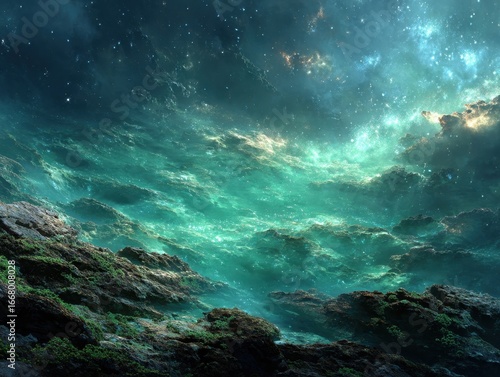 Cosmic Ocean: Celestial Waves Crashing on Rocks
