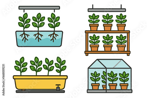 Indoor plant growth systems icon set. Hydroponics, vertical farm, planter, and greenhouse concepts. Urban farming, horticulture, and modern agriculture vector illustrations.