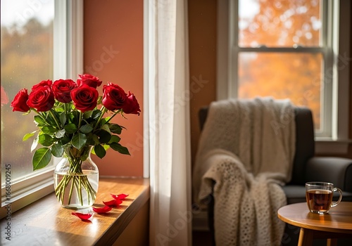 Wallpaper Mural Red roses bouquet on windowsill Torontodigital.ca