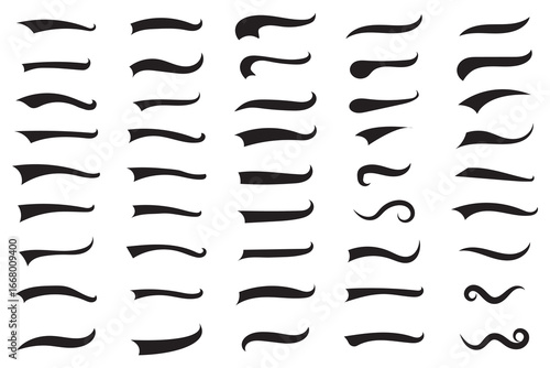 Vector black sport tails. Swoosh silhouette elements for baseball, football or athletics lettering. Baseball swoosh text tails. Sports underline curly shapes set. Swirl lines, swish or swash shapes.