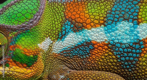 Vibrant chameleon skin texture close up macro shot