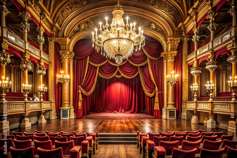 Obraz premium A majestic theater interior with red velvet curtains, a grand chandelier, and ornate golden details, creating a luxurious and classic atmosphere for a show
