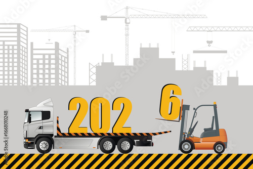 New Year card, 2026. Forklift truck loads Christmas figurines into the truck.