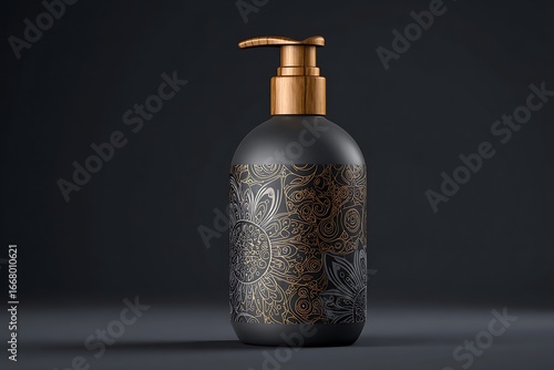 Wallpaper Mural Elegant black cosmetic bottle with intricate gold floral design for luxurious skincare or bath products, perfect for upscale branding and packaging Torontodigital.ca