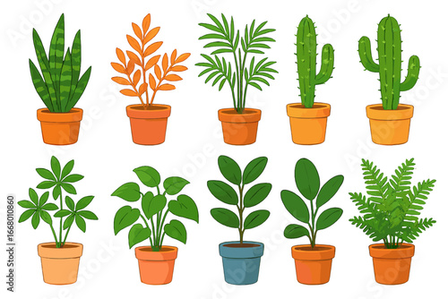 Set of various indoor plants in colorful pots. Vector cartoon illustration of diverse houseplant species like snake plant, cactus, fern. Botanical collection for home decor.