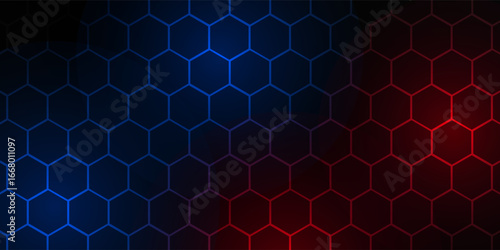 Dark red and blue hexagon abstract technology background with red and blue colored bright flashes under hexagon. Hexagonal gaming vector abstract tech background.