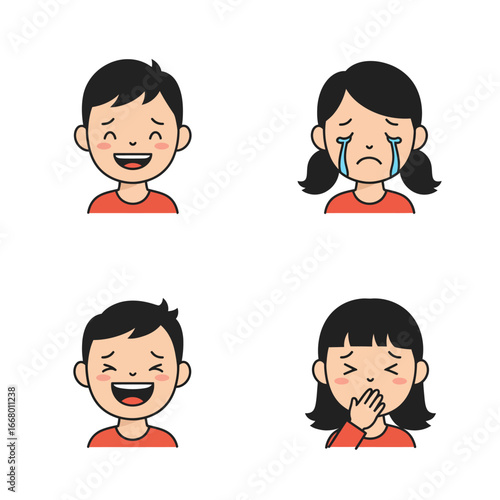 A collection of cute cartoon childrens faces showing diverse emotions like laughing crying smiling and feeling sick.