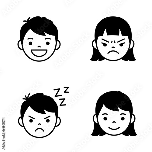 A collection of four minimalist black line art icons of childrens faces expressing various emotions like happiness anger and sleepiness.