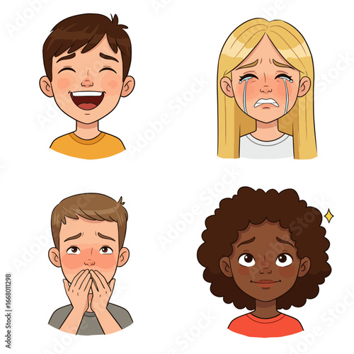 A diverse set of cartoon childrens faces expressing a range of strong emotions joy sadness shyness and wonder.