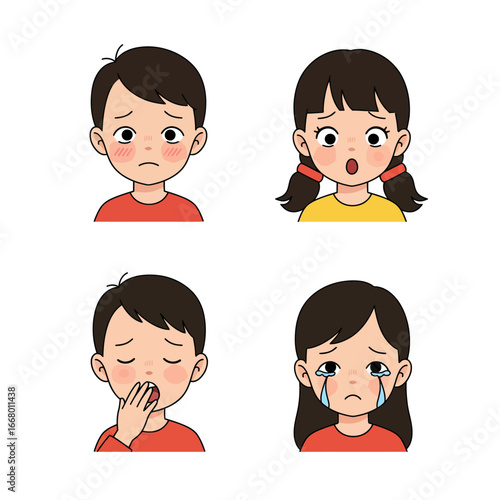 Cartoon Children Expressing Emotions Sad Surprised Sleepy and Crying Faces.