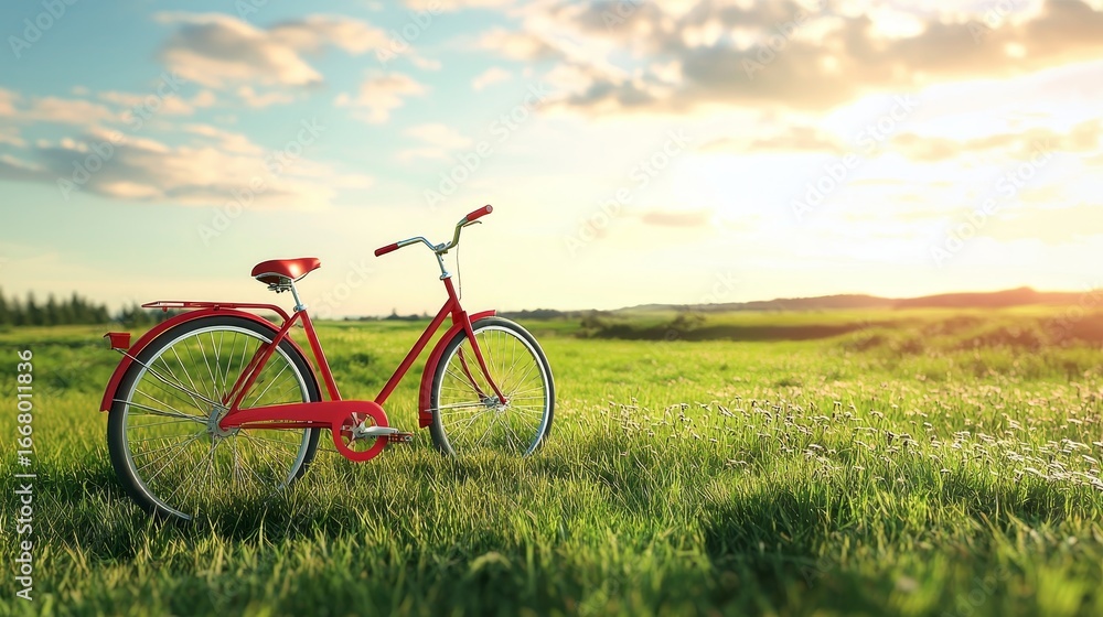 Fototapeta premium Red bicycle standing on green meadow