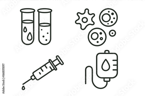 Medical icon set. Blood test tube, virus cells, syringe vaccine injection, and IV drip bag. Healthcare, laboratory research, and analysis concept. Vector line art illustration.