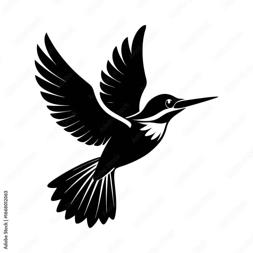 Fototapeta premium Illustration of a hummingbird flying with wings spread in black and white
