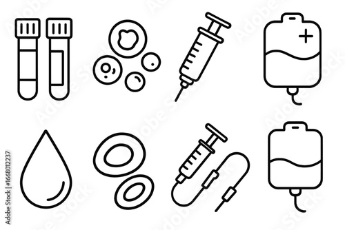 Medical icon set for blood test, donation, and analysis. Healthcare line icons of syringe, iv bag, and red blood cells. Vector symbols for laboratory and hematology.