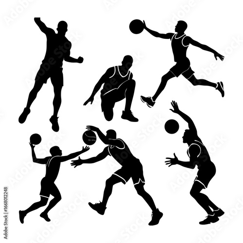 Silhouettes of basketball players in action poses with basketballs