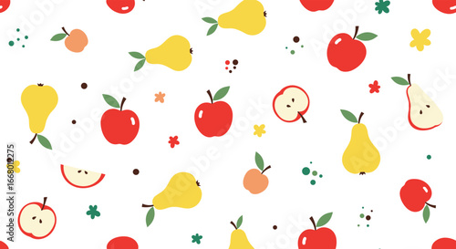 Whimsical fruit pattern with apples, pears, and floral accents perfect for design projects