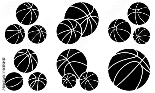 Silhouette illustration of various sized basketballs arranged in groups