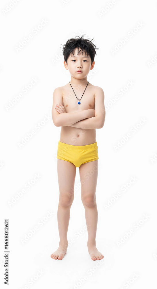 Obraz premium A confident young boy stands with his arms crossed. A studio portrait symbolizing childhood health, body positivity, strength, and self-esteem.