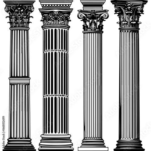 Elegant vector silhouettes of Greek and Roman columns, great for architecture, history, and cultural design projects.