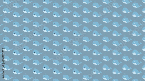 Cute underwater seamless pattern featuring adorable blue whales on a dark blue ocean background, ideal for kids' products and packaging