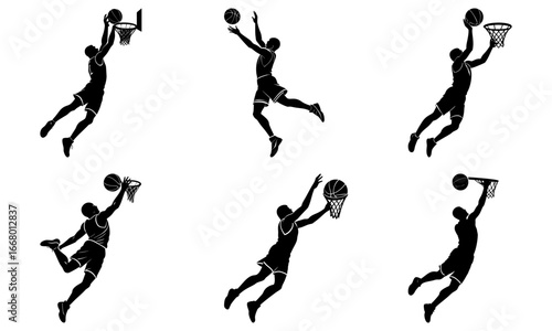 Silhouettes of basketball players in action performing slam dunks shots