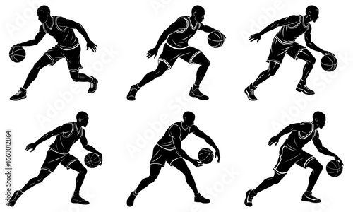 Silhouettes of basketball players dribbling balls in various positions