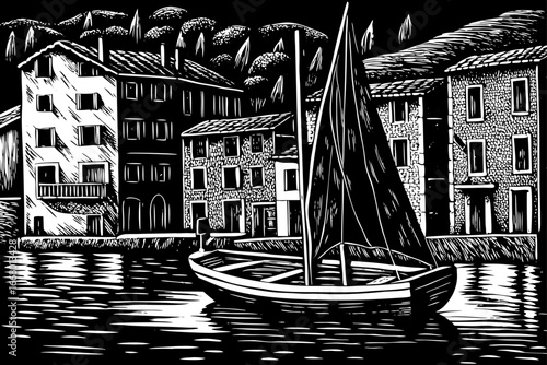 Mediterranean fishing sailboat resting in harbor, cultural charm captured in traditional black and white sketch.