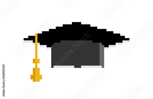 Pixel art of graduation cap. Pixelated academic cap. Graduation student black cap and diploma vector.