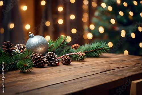 Empty wooden table, balls, christmas tree, lights on background, blurred bokeh. Christmas mock up banner to display, advertise product, promotion sale, presentation. New year, winter backgrounds. 