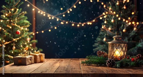 Empty wooden table, balls, christmas tree, lights on background, blurred bokeh. Christmas mock up banner to display, advertise product, promotion sale, presentation. New year, winter backgrounds. 