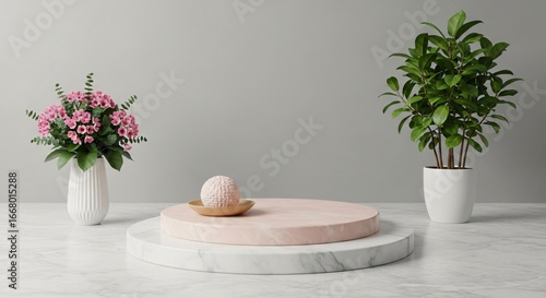 Elegant floral display with marble podium for luxury product presentation