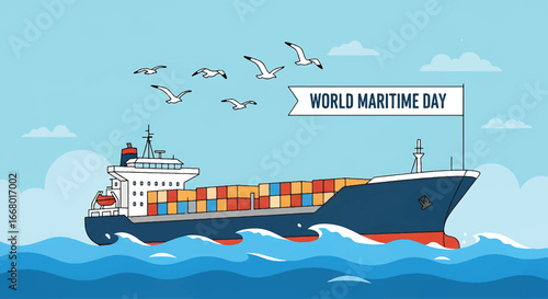 Cartoon-style image of sailors, fishermen, and marine workers smiling on a ship deck, World Maritime Day