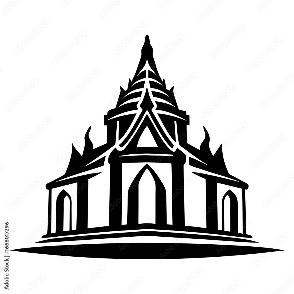 Fototapeta premium Traditional temple illustration in black and white-Black and white vector illustration of a traditional temple with pointed spires and ornate architectural details, symbolizing spirituality, culture,