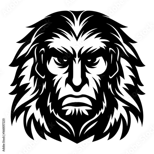 Fierce bearded warrior face illustration-Black and white tribal style illustration of a fierce warrior face with long hair and beard, symbolizing strength and power.