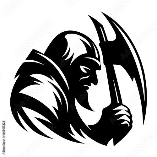 Medieval warrior with battle axe silhouette-Black and white vector illustration of a medieval warrior holding a large battle axe, designed in bold tribal tattoo style artwork.