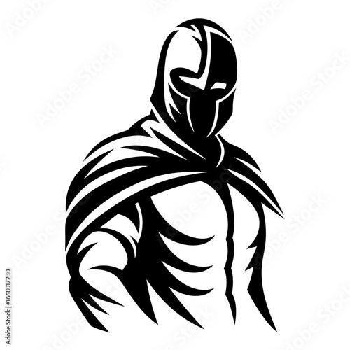 Abstract warrior knight silhouette illustration-Black and white vector illustration of a masked warrior knight wearing a cape, designed in bold tribal tattoo style artwork.